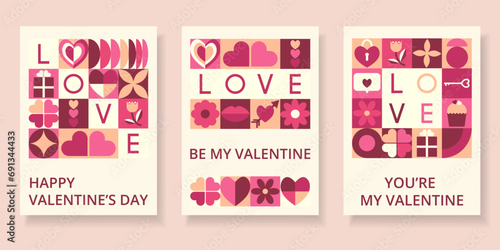 Set cards of abstract geometric shape and text. Creative concept of Happy Valentines Day. Background of icons with symbol of love. Trendy design for card or poster, advertising, sales, branding.