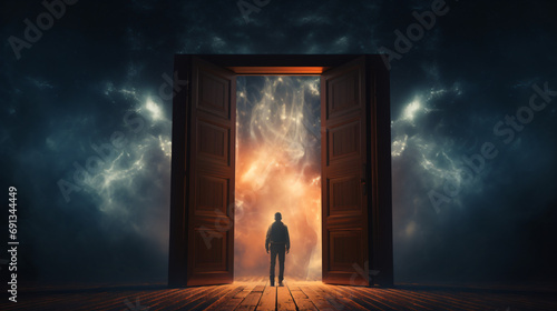 Man in front of a open glowing door