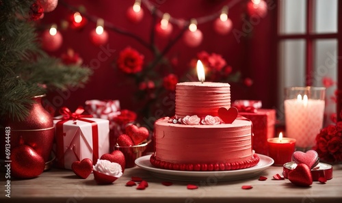 Valentine decoration with a red cake love and gifts, the Valentine tree and lamp theme background