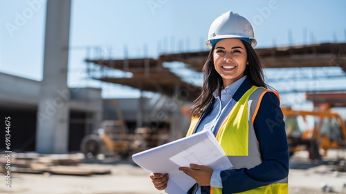Female hispanic lady woman engineer high visibility vest holding papers at construction site with sunlight slightly backlit smiling