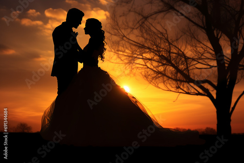 Silhouette of a bride and groom on a sunset background. Silhouette of a bride and groom on the background of the setting sun