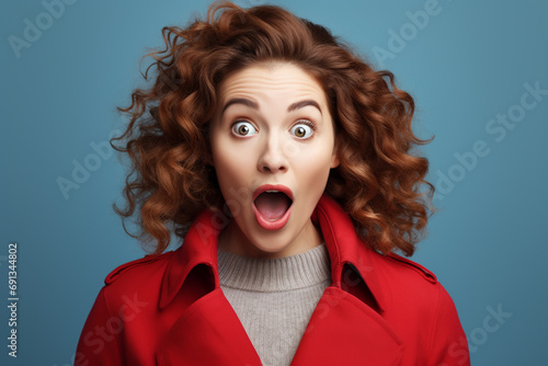Surprised young woman in red coat with open mouth on blue background. Closeup photo of beautiful lady open mouth excited addicted shopper black friday prices wear casual red overcoat photo