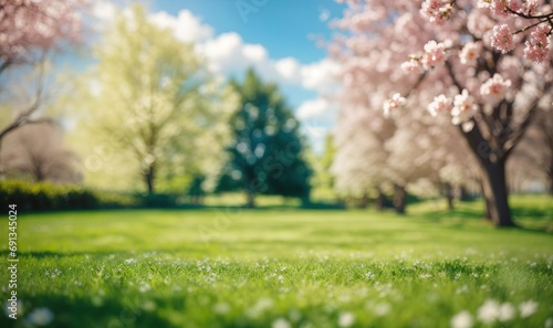 The spring nature showcases a meticulously maintained lawn encircled by trees, set against a vibrant blue sky adorned with fluffy clouds on a radiant and sunny day