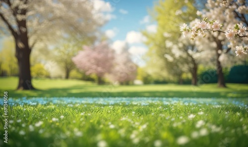 The spring nature showcases a meticulously maintained lawn encircled by trees, set against a vibrant blue sky adorned with fluffy clouds on a radiant and sunny day