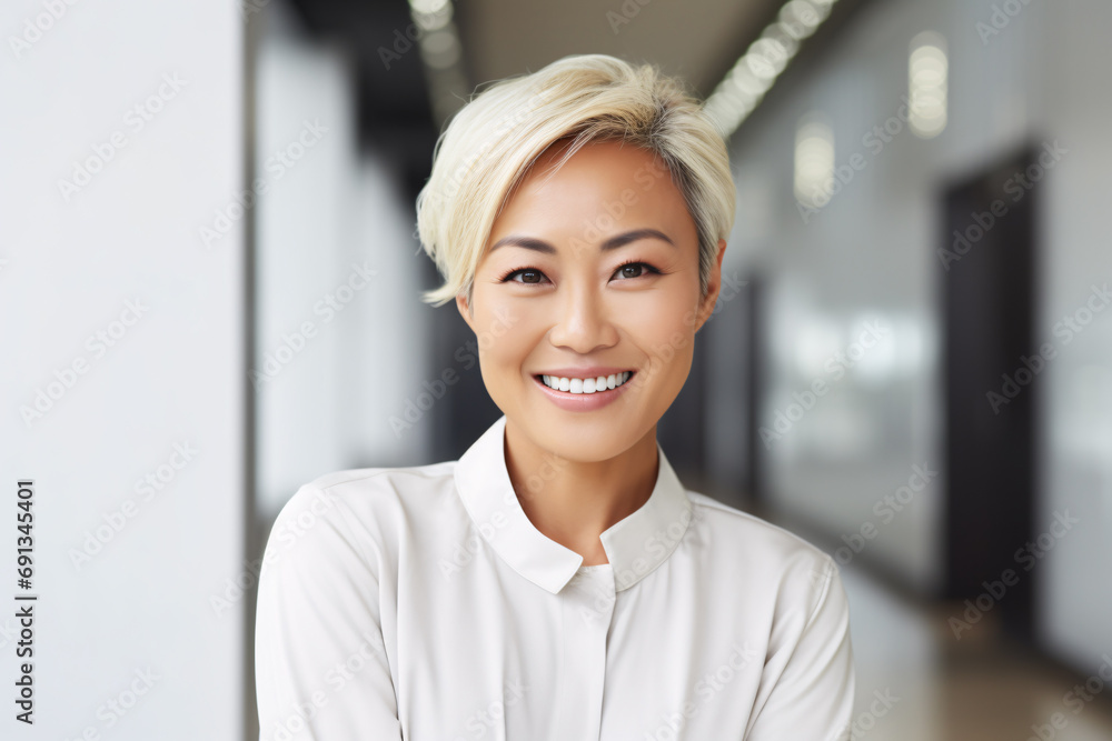 Attractive asian woman with short platinum blond hair