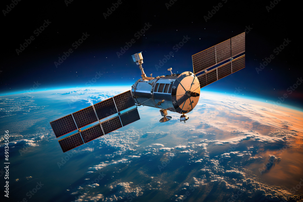 Fototapeta premium Communications satellite flying over space with the earth in the background