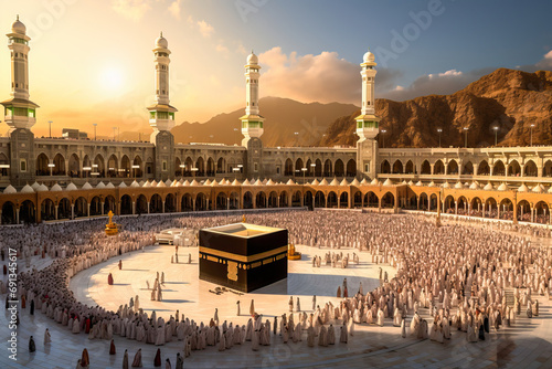 Muslims praying and circling the Kaaba in Mecca photo