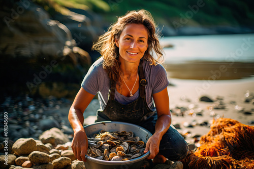 Galician shellfish harvester collecting clams on the beach photo