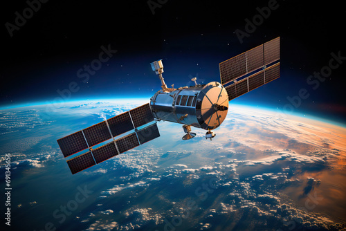 Communications satellite flying over space with the earth in the background
