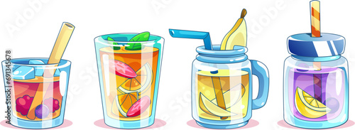 Cocktail glasses set isolated on white background. Vector cartoon illustration of lemonade, alcohol, fresh fruit drinks with pieces of lemon, pear, raspberry and mint, party bar menu, sweet beverages