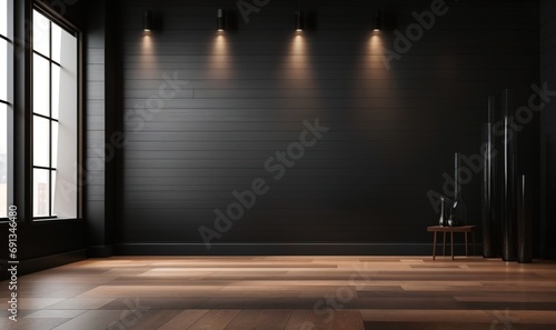 the interior background for the presentation showcases a wooden floor and a soft black wall, complemented by an intriguing glare from the window photo