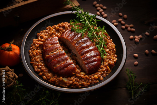 pork sausage with polenta as a traditionl italian food photo