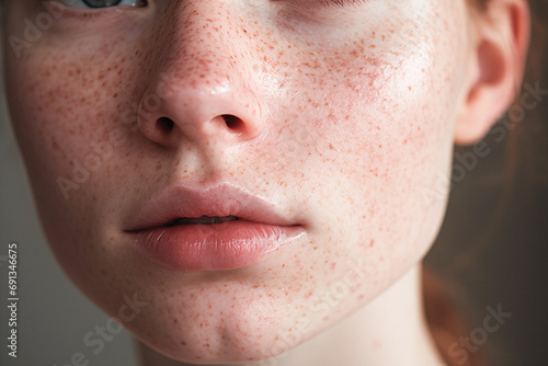 Young Woman With Beautiful Skin And Freckle Pigmentation Closeup photo