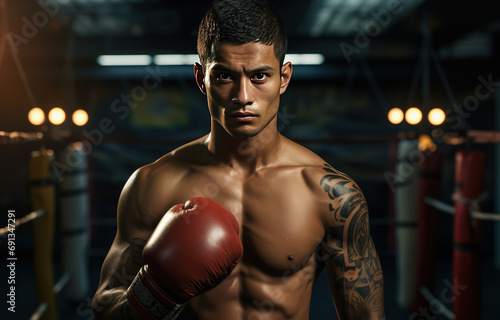 handsome male boxer standing on boxing ring, strong fighter in dramatic light, Generative Ai
