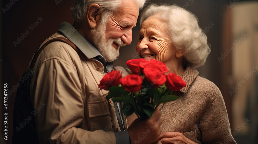 An elderly man gives a bouquet of red roses to an elderly lady. Love through the years. Valentine's Day. An elderly man gives a bouquet of red roses to an elderly lady. Love through the years. Valentine's Day.