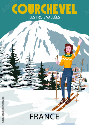 Travel poster Ski Courchevel resort vintage. France winter landscape travel card
