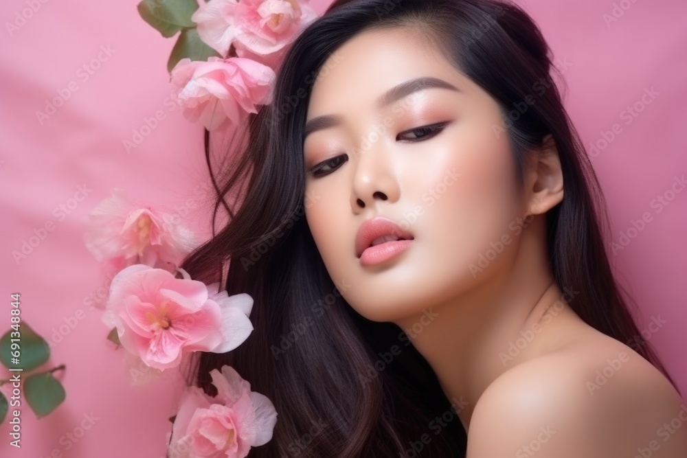 Korean Beauty Model with Flawless Skin and Spring Blossoms.