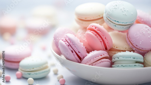 Colorful Closeup French macarons on dish with blurred background and beads Variety of Pastel color. Sweet and dessert, Colorful french desserts banner with copyspace.  photo