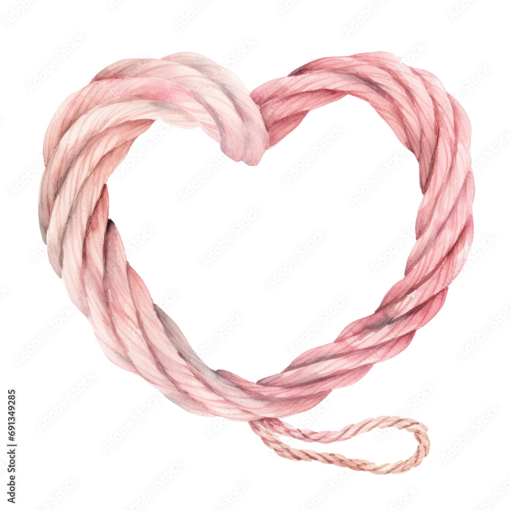 Fototapeta premium Watercolor illustration of twisted rope heart element, Valentine concept.