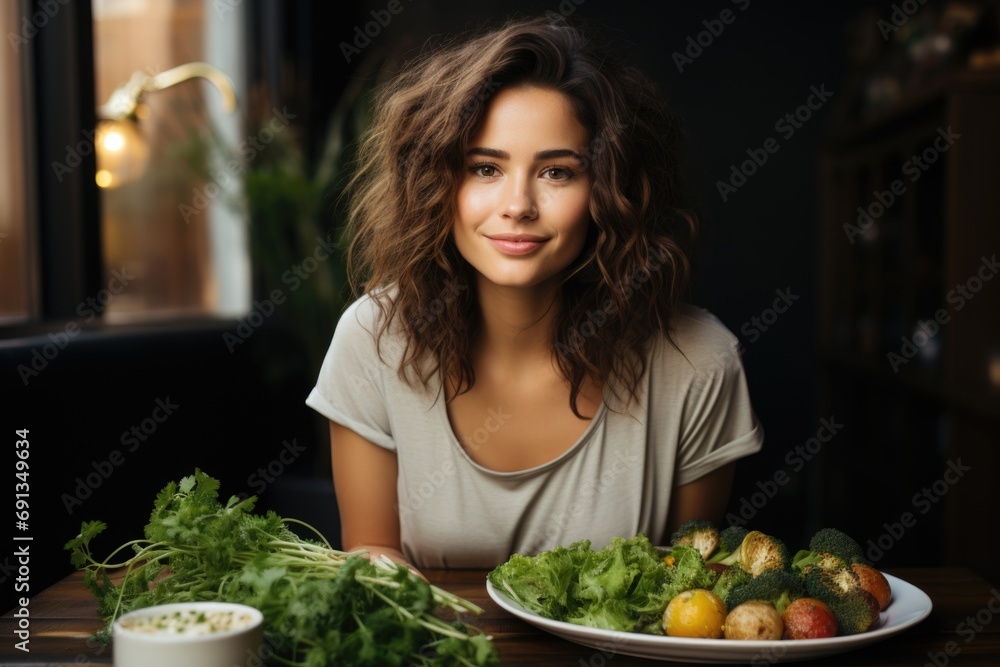 Beautiful Woman with Fresh Vegetables Promoting Healthy Lifestyle Choices.