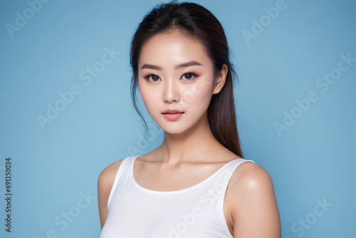 Beautiful young asian woman with clean skin on blue background, Face care, Facial treatment, Cosmetology, beauty and spa, women portrait