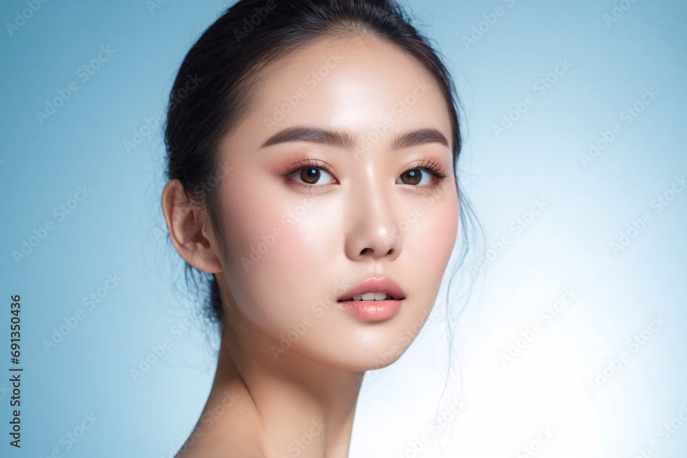 Close up potrait of an beautiful korean woman natural healthy cosmetic with clean perfect skin on blue background, skin care, facial treatment, beauty and spa, Asian women potrait. Close up potrait of an beautiful korean woman natural healthy cosmetic with clean perfect skin on blue background, skin care, facial treatment, beauty and spa, Asian women potrait.