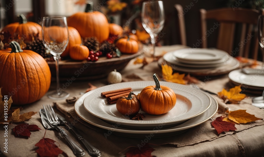 Autumn place setting with fall leaves, napkin and pumpkins. Thanksgiving autumn place setting with cutlery and arrangement of fall leaves