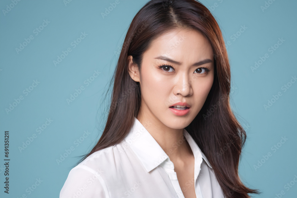 Beautiful young asian korean woman surprised expression with clean perfect skin on blue background, Skin care, Facial treatment, Cosmetology, beauty and spa, Asian women portrait Beautiful young asian korean woman surprised expression with clean perfect skin on blue background, Skin care, Facial treatment, Cosmetology, beauty and spa, Asian women portrait