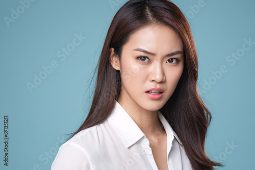 Beautiful young asian korean woman surprised expression with clean perfect skin on blue background, Skin care, Facial treatment, Cosmetology, beauty and spa, Asian women portrait