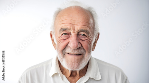 Portrait of a happy elderly senior man looking at the camera on a white bright blurred studio background