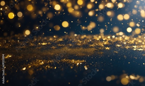bstract background with gold stars  particles and sparkling on navy blue. Christmas Golden light shine particles bokeh on navy blue background