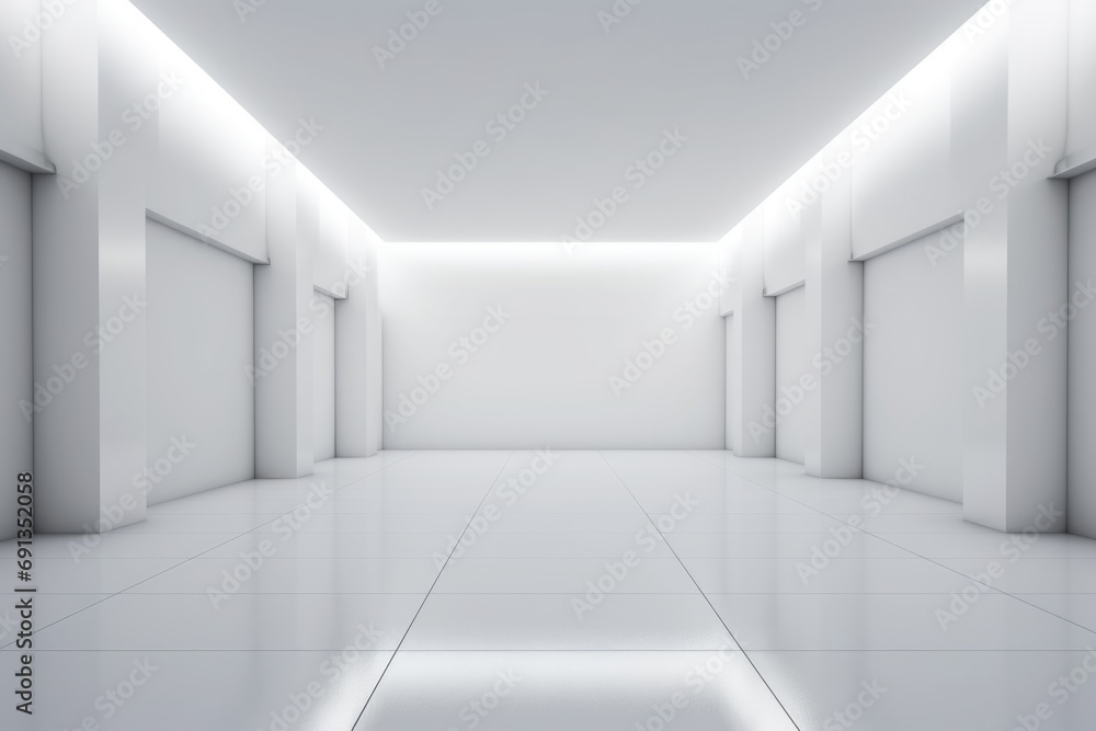 Modern Minimalist White Gallery Space with Ambient Lighting. Modern Minimalist White Gallery Space with Ambient Lighting.