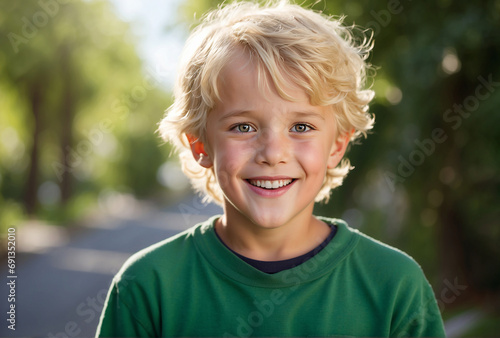  portrait of a cute fair-haired boy 6-7 years old. the child laughs. positive emotions.