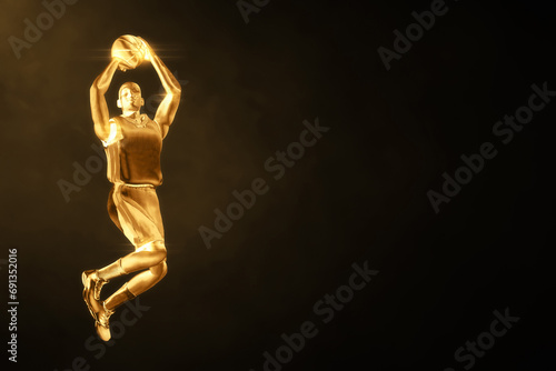 3d illustration shiny golden professional basketball player shooting on dark background photo