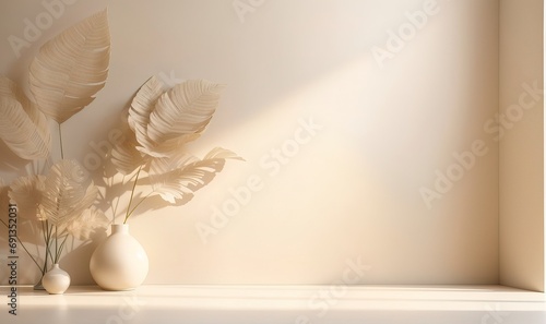 A subdued and simplistic abstract light beige backdrop is ideal for showcasing products, featuring delicate shadows cast by the window and foliage on the wall photo