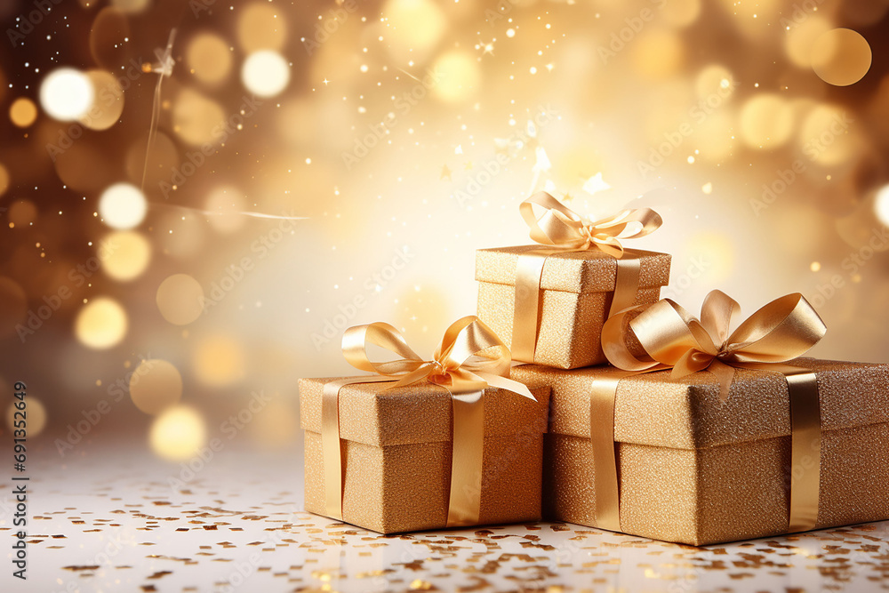 Gold gift box with gold ribbon with blurry light background generated.AI Gold gift box with gold ribbon with blurry light background generated.AI