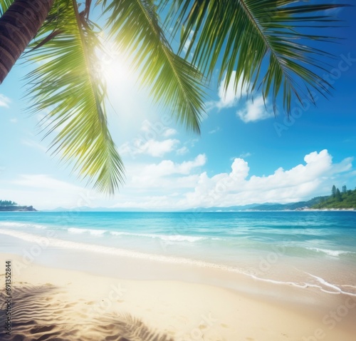 Tropical beach with palm tree and blue sky. Generative AI.