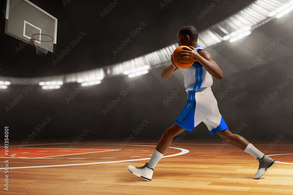3d illustration professional basketball player running dribbling in sport arena