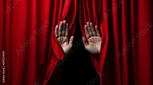Hand open stage red curtain on black background
