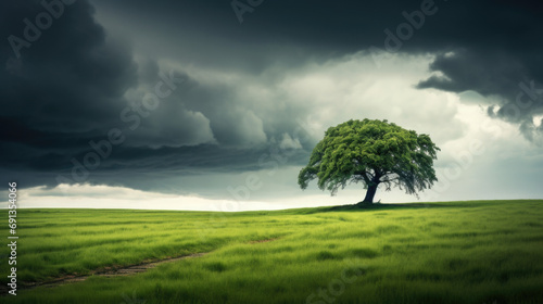 Loleny tree in the field under stormy clouds. Wallpaper.