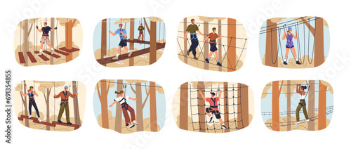 Walking, climbing in rope park. Active people at zipline, extreme outdoor activity among trees. Zip line, aerial playground in nature. Flat graphic vector illustrations isolated on white background