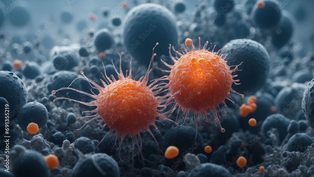 Close up macro details of orange microbes molecules virus bacteria. Virus outbreak. Microbiology concept. Scientific background . Generative AI - obrazy, fototapety, plakaty 
