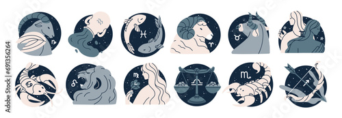 Zodiac signs, horoscope icons set. Astrology symbols, Capricorn, Taurus, Libra and Scorpio constellations. Twelve astrological avatars. Modern flat vector illustrations isolated on white background