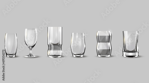 Alcohol glasses set. Transparent empty realistic mockup stemware for different drinks. Vector illustration