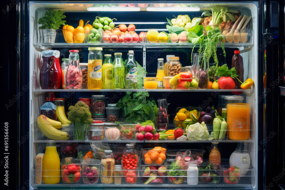A bountiful assortment of fresh produce, colorful fruits and vegetables, and refreshing soft drinks are on display in a fully stocked refrigerator, ready to nourish and delight those who enter the in