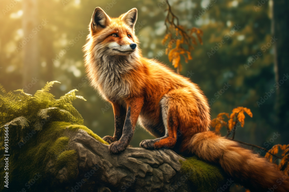 A majestic red fox gracefully perches on a log, its sleek fur blending into the surrounding grass as it gazes out into the vast expanse of the great outdoors