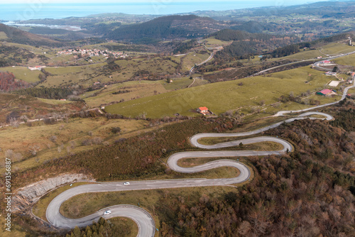 Aerial view of the road to the El Soplao cave, in Cantabria, Spain. photo