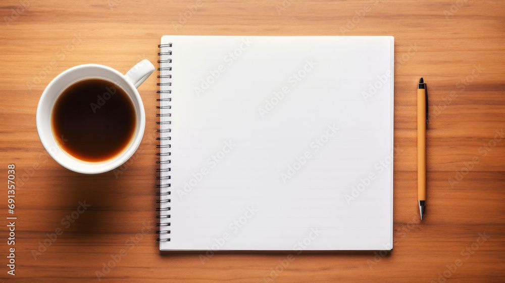 A hot cup of coffee sits next to a spiral notebook, inviting creativity and productivity in the cozy atmosphere of an indoor office space A hot cup of coffee sits next to a spiral notebook, inviting creativity and productivity in the cozy atmosphere of an indoor office space
