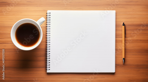 A hot cup of coffee sits next to a spiral notebook  inviting creativity and productivity in the cozy atmosphere of an indoor office space