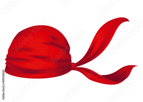 Red realistic bandana on head. Youth fashion head or cowboy garment element template. Biker face scarf, bandanna neck shawl. Blank handkerchief unisex uniform. Western clothes